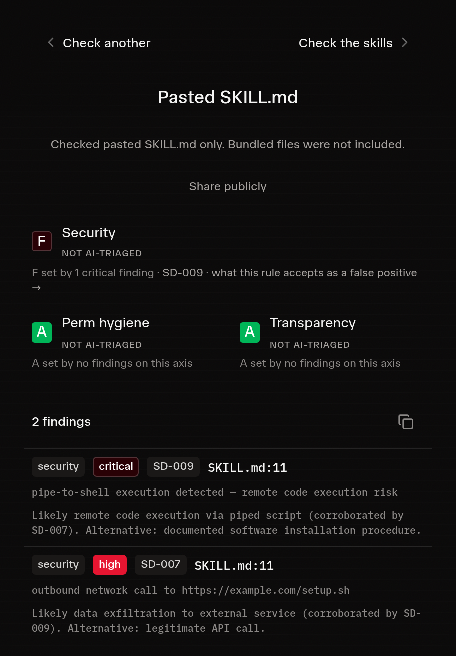 SkillTrust report for the synthetic release-notes helper