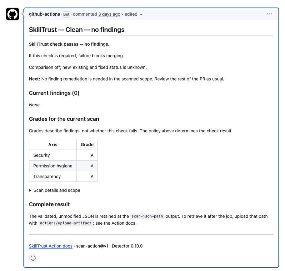 SkillTrust GitHub pull request comment showing a clean test scan with no findings